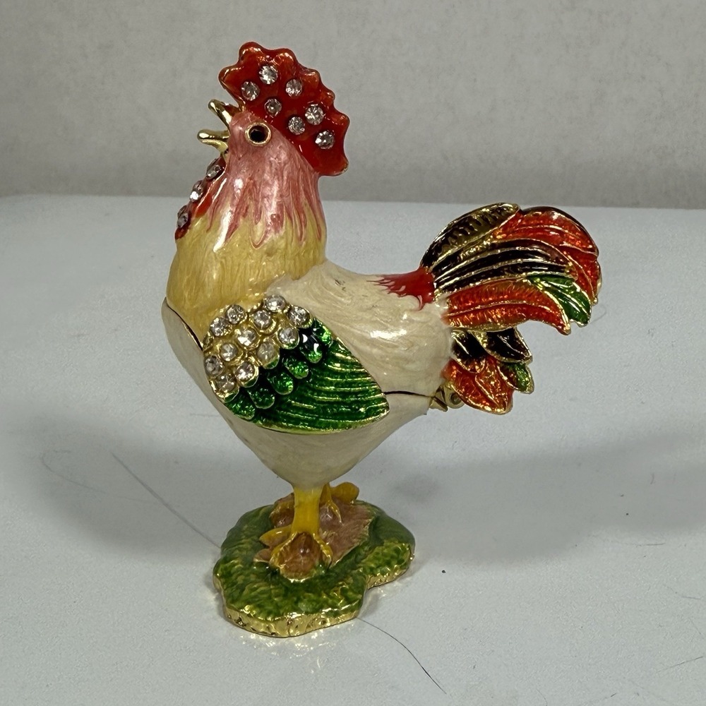 Rooster Hinged Jewelry Trinket Box Multicolor Enameled With Rhinestones